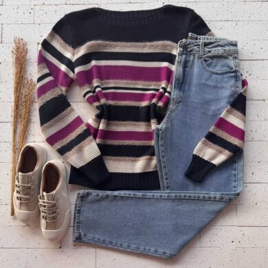 Dondoca_com_br Blusa Trico Listrada Detalhe Mousse Marinho