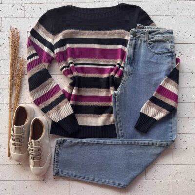 Dondoca_com_br Blusa Trico Listrada Detalhe Mousse Marinho
