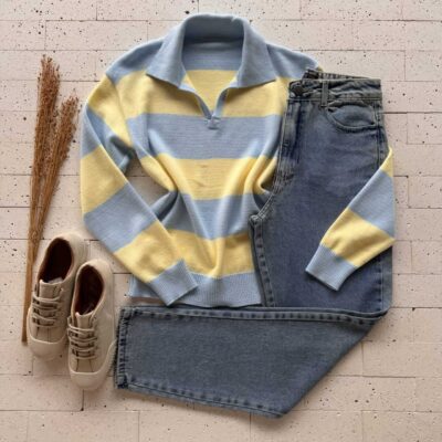 Dondoca_com_br Blusa Trico Modal Listrada Com Gola Azul E Amarelo