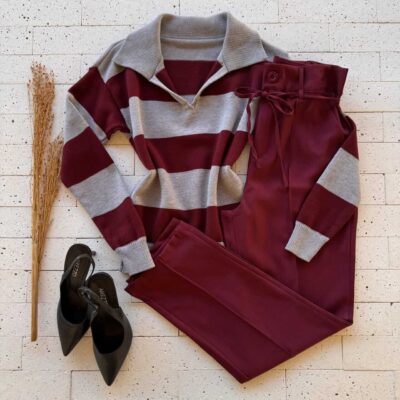 Dondoca_com_br Blusa Trico Modal Listrada Com Gola Cinza E Vinho
