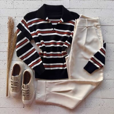 Dondoca_com_br Blusa Trico Modal Listrada Com Gola Color Preta E Telha