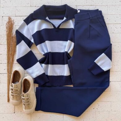 Dondoca_com_br Blusa Trico Modal Listrada Com Gola Marinho E Azul
