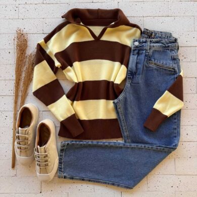 Dondoca_com_br Blusa Trico Modal Listrada Com Gola Marrom E Amarelo
