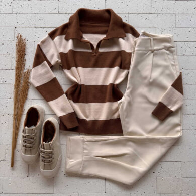 Dondoca_com_br Blusa Trico Modal Listrada Com Gola Marrom E Creme