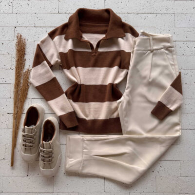 Dondoca_com_br Blusa Trico Modal Listrada Com Gola Marrom E Creme