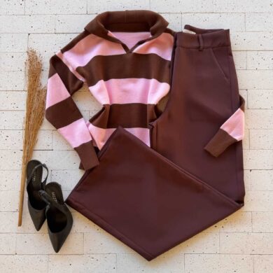 Dondoca_com_br Blusa Trico Modal Listrada Com Gola Marrom E Rosa 2 0