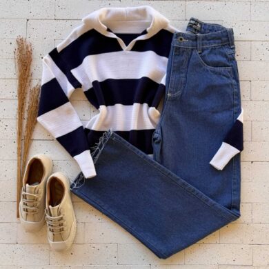 Dondoca_com_br Blusa Trico Modal Listrada Com Gola Off E Marinho