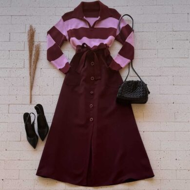 Dondoca_com_br Blusa Trico Modal Listrada Com Gola Vinho E Rosa