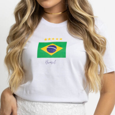 Dondoca_com_br Camiseta Feminina Do Brasil Estampa Bandeira Do Brasil Branca