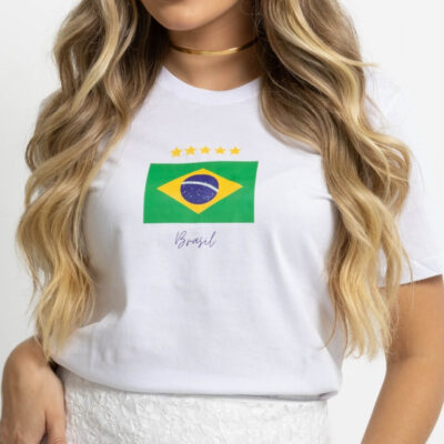 Dondoca_com_br Camiseta Feminina Do Brasil Estampa Bandeira Do Brasil Branca