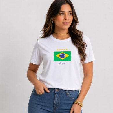 Dondoca_com_br Camiseta Feminina Do Brasil Estampa Bandeira Do Brasil Branca