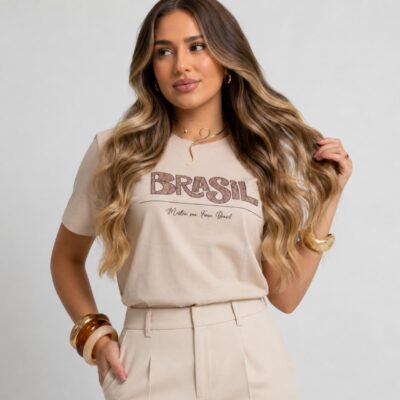 Dondoca_com_br Camiseta Feminina Do Brasil Estampa Brasil Animal Print Bege