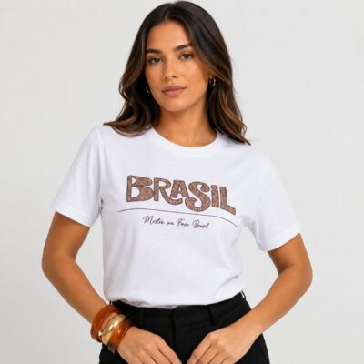 Dondoca_com_br Camiseta Feminina Do Brasil Estampa Brasil Animal Print Branca