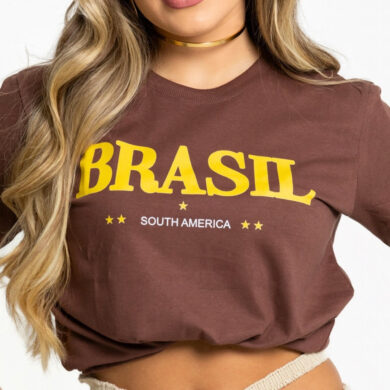 Dondoca_com_br Camiseta Feminina Do Brasil Estampa Brasil Retro Marrom