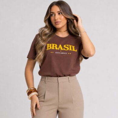 Dondoca_com_br Camiseta Feminina Do Brasil Estampa Brasil Retro Marrom