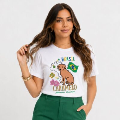 Dondoca_com_br Camiseta Feminina Do Brasil Estampa Cachorro Caramelo Branca