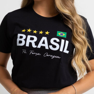 Dondoca_com_br Camiseta Feminina Do Brasil Estampa Fe Forca E Coragem Preta