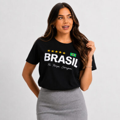 Dondoca_com_br Camiseta Feminina Do Brasil Estampa Fe Forca E Coragem Preta