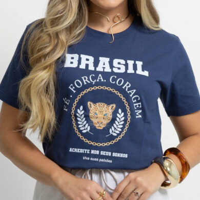 Dondoca_com_br Camiseta Feminina Do Brasil Estampa Forca E Coragem Azul Marinho