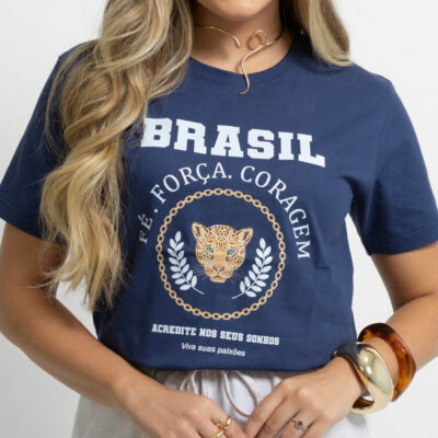 Dondoca_com_br Camiseta Feminina Do Brasil Estampa Forca E Coragem Azul Marinho
