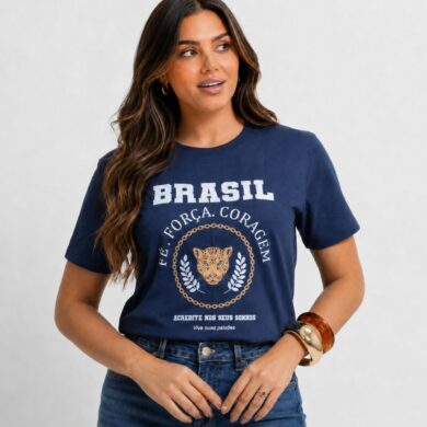 Dondoca_com_br Camiseta Feminina Do Brasil Estampa Forca E Coragem Azul Marinho