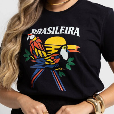 Dondoca_com_br Camiseta Feminina Do Brasil Estampa Tropical Brasileira Preta