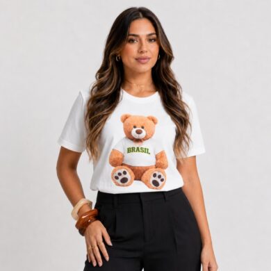 Dondoca_com_br Camiseta Feminina Do Brasil Estampa Ursinho Brasil Off White
