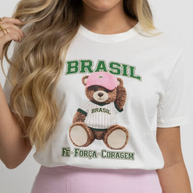 Dondoca_com_br Camiseta Feminina Do Brasil Estampa Ursinho Brasileira Off White
