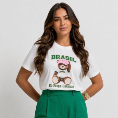 Dondoca_com_br Camiseta Feminina Do Brasil Estampa Ursinho Brasileira Off White