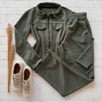 Dondoca_com_br Conjunto Lanzinha Blusa Com Ziper E Wide Leg Verde Oliva
