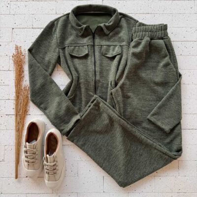 Dondoca_com_br Conjunto Lanzinha Blusa Com Ziper E Wide Leg Verde Oliva