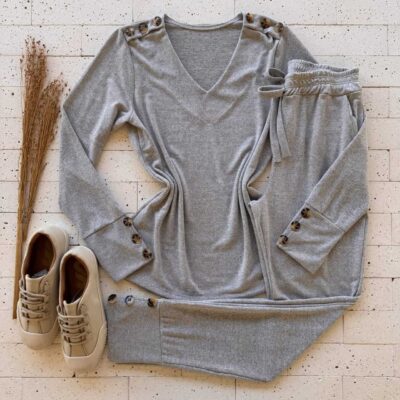 Dondoca_com_br Conjunto Lanzinha Blusa Gola V E Calca Detalhe Botoes Cinza