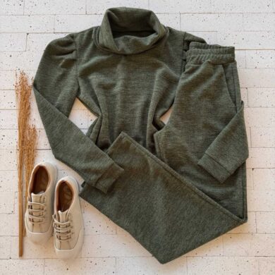Dondoca_com_br Conjunto Lanzinha Blusa Princesa Com Gola E Wide Leg Verde Oliva