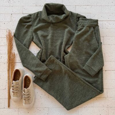 Dondoca_com_br Conjunto Lanzinha Blusa Princesa Com Gola E Wide Leg Verde Oliva