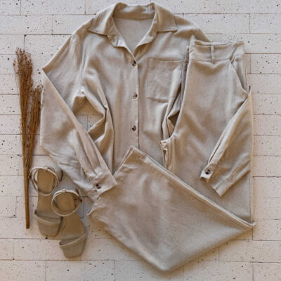 Dondoca_com_br Conjunto Linho Camisa Alongada E Pantalona Cru