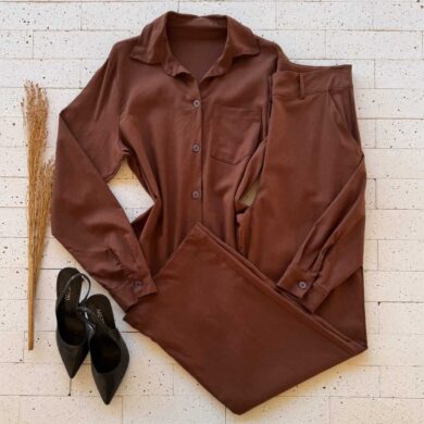 Dondoca_com_br Conjunto Linho Camisa Alongada E Pantalona Marrom