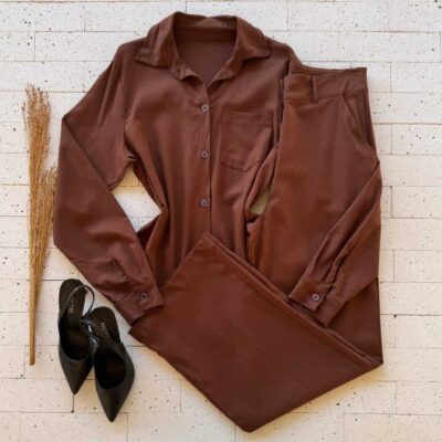Dondoca_com_br Conjunto Linho Camisa Alongada E Pantalona Marrom