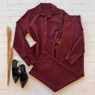Dondoca_com_br Conjunto Linho Camisa Alongada E Pantalona Vinho