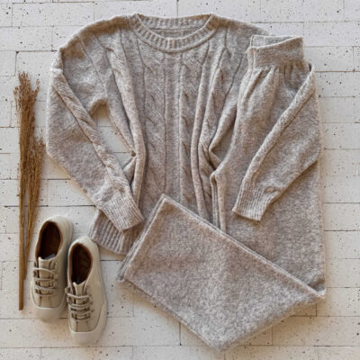 Dondoca_com_br Conjunto Trico Mousse Blusa Com Trama E Pantalona Bege