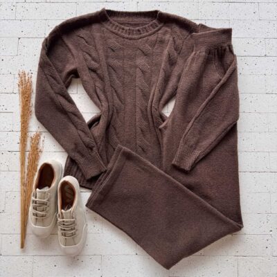 Dondoca_com_br Conjunto Trico Mousse Blusa Com Trama E Pantalona Marrom