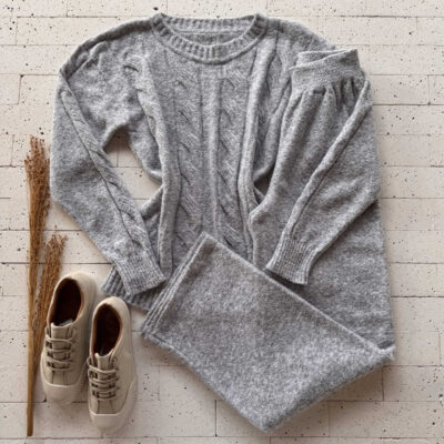 Dondoca_com_br Conjunto Trico Mousse Blusa Com Trama E Pantalona Mescla