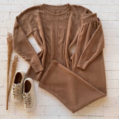 Dondoca_com_br Conjunto Trico Mousse Blusa Com Trama E Pantalona Nude