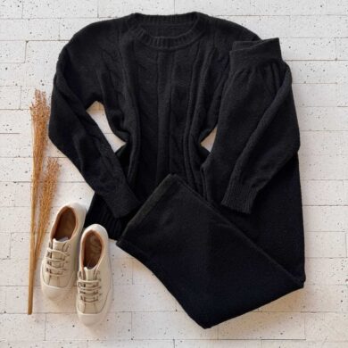 Dondoca_com_br Conjunto Trico Mousse Blusa Com Trama E Pantalona Preto