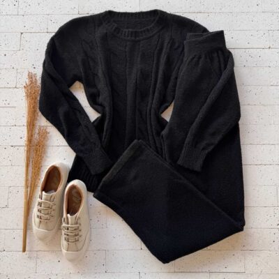 Dondoca_com_br Conjunto Trico Mousse Blusa Com Trama E Pantalona Preto