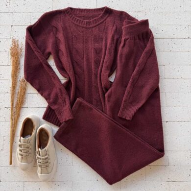 Dondoca_com_br Conjunto Trico Mousse Blusa Com Trama E Pantalona Vinho