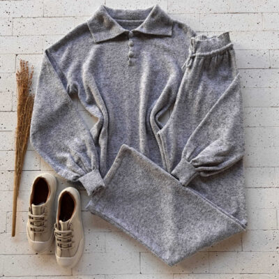 Dondoca_com_br Conjunto Trico Mousse Blusa Golinha E Botoes E Pantalona Mescla