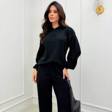 Dondoca_com_br Conjunto Trico Mousse Blusa Golinha E Botoes E Pantalona Preto