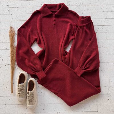 Dondoca_com_br Conjunto Trico Mousse Blusa Golinha E Botoes E Pantalona Vermelho