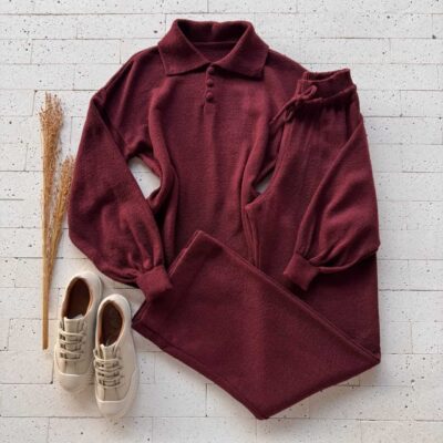 Dondoca_com_br Conjunto Trico Mousse Blusa Golinha E Botoes E Pantalona Vinho