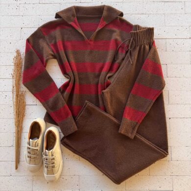 Dondoca_com_br Conjunto Trico Mousse Blusa Listrada Com Gola E Pantalona Marrom E Vinho